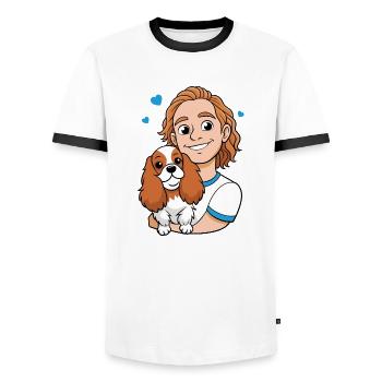 Cavalier King Charles Spaniel Kuscheln mit Mensch - Männer Kontrast-T-Shirt - Weiß/Schwarz - Vorne - AI Model Female 172 light (172cm) & AI Model Male 178 dark (178cm)