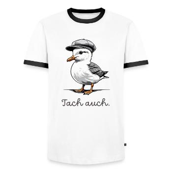 Süße norddeutsche Möwe "Tach auch" - Männer Kontrast-T-Shirt - Weiß/Schwarz - Vorne - AI Model Female 172 light (172cm) & AI Model Male 178 dark (178cm)