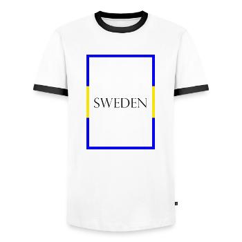 Suède, Suède, Lettrage de déclaration avec drapeau - T-shirt contrasté Homme - blanc/noir - Devant - AI Model Female 172 light (172cm) & AI Model Male 178 dark (178cm)