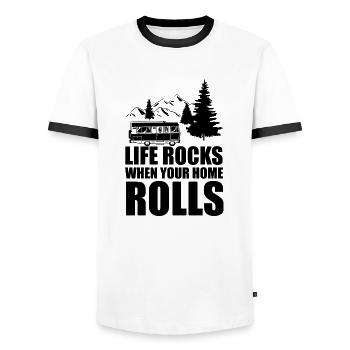 Camping camping-car caravane aventure - T-shirt contrasté Homme - blanc/noir - Devant - AI Model Female 172 light (172cm) & AI Model Male 178 dark (178cm)