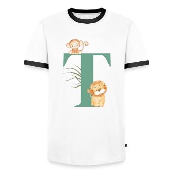 Lettre t vert animaux jungle - T-shirt contrasté Homme - blanc/noir - Devant - AI Model Female 172 light (172cm) & AI Model Male 178 dark (178cm)