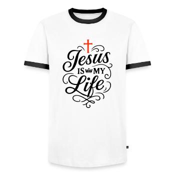 Jesus My Life Faith - Men's Ringer Shirt - white/black - Front - AI Model Female 172 light (172cm) & AI Model Male 178 dark (178cm)