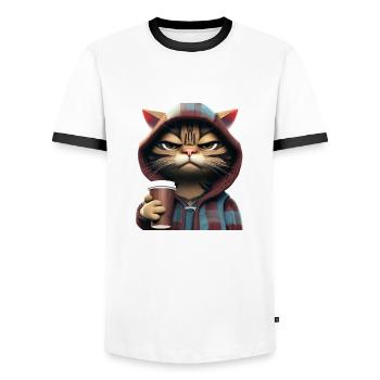 Guten Morgen Spruch mit genervter Katze mit Kaffee - Männer Kontrast-T-Shirt - Weiß/Schwarz - Vorne - AI Model Female 172 light (172cm) & AI Model Male 178 dark (178cm)