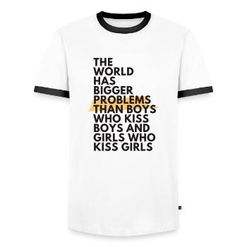 The world has bigger problems. - T-shirt contrasté Homme - blanc/noir - Devant - AI Model Female 172 light (172cm) & AI Model Male 178 dark (178cm)