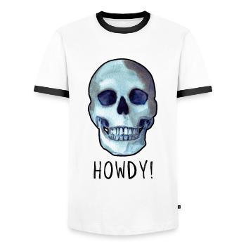Skull sagt HOWDY! lustiger schwarzer Humor - Männer Kontrast-T-Shirt - Weiß/Schwarz - Vorne - AI Model Female 172 light (172cm) & AI Model Male 178 dark (178cm)