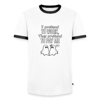 GHOST QUOTES 04 - Men's Ringer Shirt - white/black - Front - AI Model Female 172 light (172cm) & AI Model Male 178 dark (178cm)