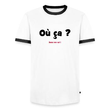 Where? In your ass! - Men's Ringer Shirt - white/black - Front - AI Model Female 172 light (172cm) & AI Model Male 178 dark (178cm)