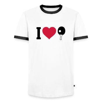 I love table tennis - Men's Ringer Shirt - white/black - Front - AI Model Female 172 light (172cm) & AI Model Male 178 dark (178cm)