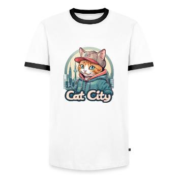 Stilvolle Urban-Mode: Trends aus Kitten City - Männer Kontrast-T-Shirt - Weiß/Schwarz - Vorne - AI Model Female 172 light (172cm) & AI Model Male 178 dark (178cm)
