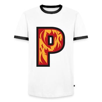 Buchstabe P mit Flammen - Buchstabe mit Feuer 🔥 - Männer Kontrast-T-Shirt - Weiß/Schwarz - Vorne - AI Model Female 172 light (172cm) & AI Model Male 178 dark (178cm)
