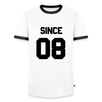 Together since 2008 Paarshirt - Männer Kontrast-T-Shirt - Weiß/Schwarz - Vorne - AI Model Female 172 light (172cm) & AI Model Male 178 dark (178cm)