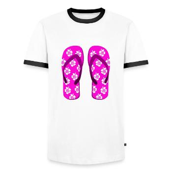 A pair of flip-flops - Men's Ringer Shirt - white/black - Front - AI Model Female 172 light (172cm) & AI Model Male 178 dark (178cm)