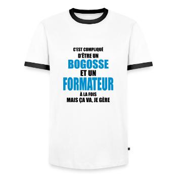 c'est compliqué d'être un bogosse et un formateur - T-shirt contrasté Homme - blanc/noir - Devant - AI Model Female 172 light (172cm) & AI Model Male 178 dark (178cm)