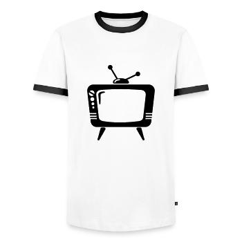 TV - Your Text - telly - Men's Ringer Shirt - white/black - Front - AI Model Female 172 light (172cm) & AI Model Male 178 dark (178cm)