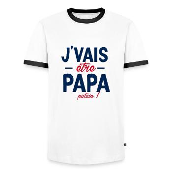 Je vais être papa. Putain ! futur papa ,futur père - T-shirt contrasté Homme - blanc/noir - Devant - AI Model Female 172 light (172cm) & AI Model Male 178 dark (178cm)