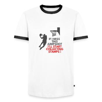 If I miss it, I will start collecting stamps - Men's Ringer Shirt - white/black - Front - AI Model Female 172 light (172cm) & AI Model Male 178 dark (178cm)
