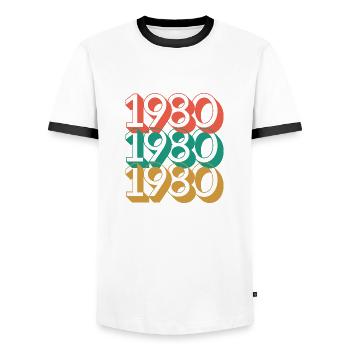 Anniversaire année 1980 / Vintage 1980 - T-shirt contrasté Homme - blanc/noir - Devant - AI Model Female 172 light (172cm) & AI Model Male 178 dark (178cm)