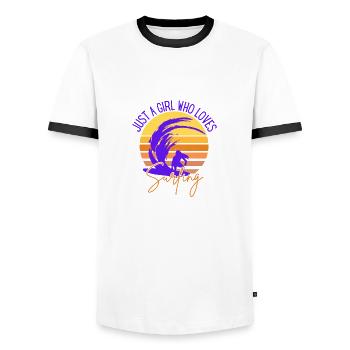 JUST A GIRL WHO LOVES SURFING - Men's Ringer Shirt - white/black - Front - AI Model Female 172 light (172cm) & AI Model Male 178 dark (178cm)