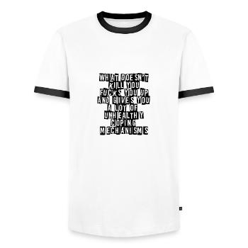 what doesnt kill you - Männer Kontrast-T-Shirt - Weiß/Schwarz - Vorne - AI Model Female 172 light (172cm) & AI Model Male 178 dark (178cm)