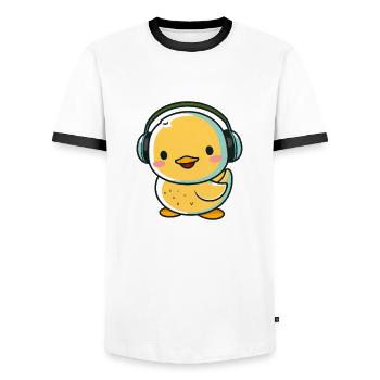 Kawaii Cute Happy Colorful Duck with Headphones - Men's Ringer Shirt - white/black - Front - AI Model Female 172 light (172cm) & AI Model Male 178 dark (178cm)