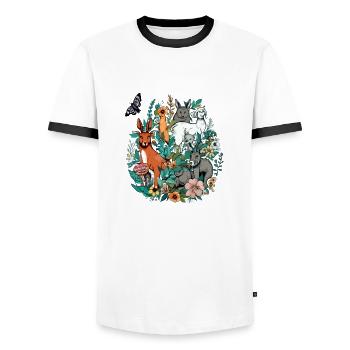 Tiere in Blumen n°3 - Männer Kontrast-T-Shirt - Weiß/Schwarz - Vorne - AI Model Female 172 light (172cm) & AI Model Male 178 dark (178cm)