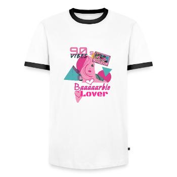 Rétro, années 90, 90, amoureux, Baaarbie - T-shirt contrasté Homme - blanc/noir - Devant - AI Model Female 172 light (172cm) & AI Model Male 178 dark (178cm)