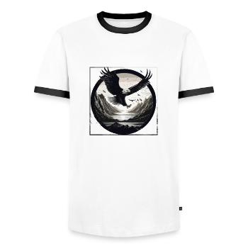 Eagle,Landscape,Black & White,Retro,Circle,Mountains - Men's Ringer Shirt - white/black - Front - AI Model Female 172 light (172cm) & AI Model Male 178 dark (178cm)