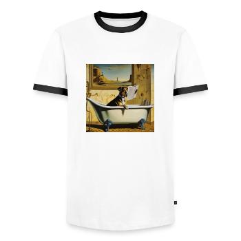 Hund, der im Badezimmer Zeitung liest ,retro look - Männer Kontrast-T-Shirt - Weiß/Schwarz - Vorne - AI Model Female 172 light (172cm) & AI Model Male 178 dark (178cm)