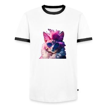 Bunte Katze mit Irokesenschnitt Geschenkidee - Männer Kontrast-T-Shirt - Weiß/Schwarz - Vorne - AI Model Female 172 light (172cm) & AI Model Male 178 dark (178cm)