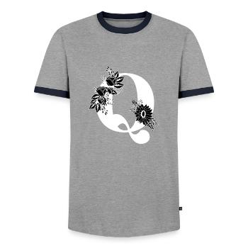 Lettre q floral noir et blanc - T-shirt contrasté Homme - gris/marine  - Devant - AI Model Female 172 light (172cm) & AI Model Male 178 light (178cm)
