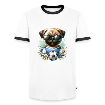 Niedlicher Mops Hund Fußballspieler - Männer Kontrast-T-Shirt - Weiß/Schwarz - Vorne - AI Model Female 172 light (172cm) & AI Model Male 178 dark (178cm)