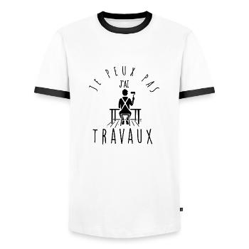 I can't, I have work. - Men's Ringer Shirt - white/black - Front - AI Model Female 172 light (172cm) & AI Model Male 178 dark (178cm)