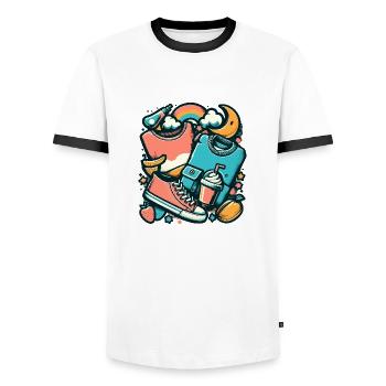 Colorful collage with clothes and everyday objects - Men's Ringer Shirt - white/black - Front - AI Model Female 172 light (172cm) & AI Model Male 178 dark (178cm)