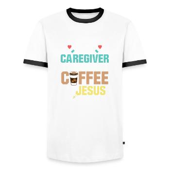 This Caregiver Runs On Coffee & Jesus Carer Caregi - Men's Ringer Shirt - white/black - Front - AI Model Female 172 light (172cm) & AI Model Male 178 dark (178cm)