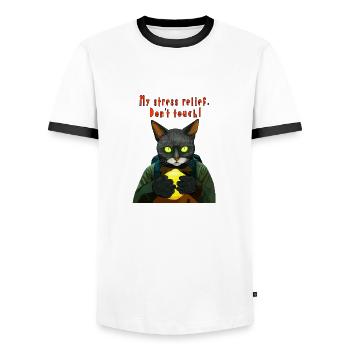 Cyber Black Cat: Mein Stressabbau - Männer Kontrast-T-Shirt - Weiß/Schwarz - Vorne - AI Model Female 172 light (172cm) & AI Model Male 178 dark (178cm)