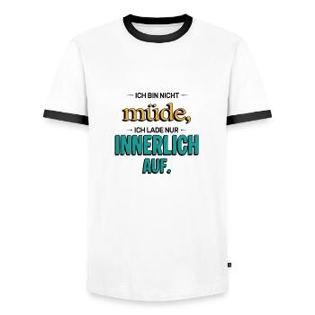 I'm not tired – Funny saying - Men's Ringer Shirt - white/black - Front - AI Model Female 172 light (172cm) & AI Model Male 178 dark (178cm)