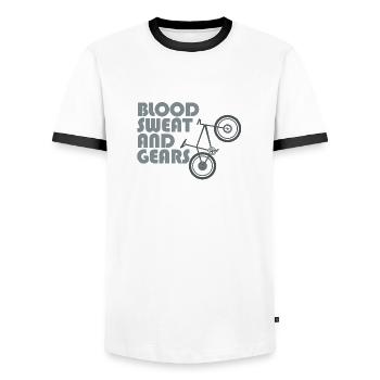 Bike - blood sweat & gears - Men's Ringer Shirt - white/black - Front - AI Model Female 172 light (172cm) & AI Model Male 178 dark (178cm)