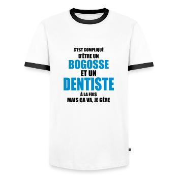 c'est compliqué d'être un bogosse et un dentiste - T-shirt contrasté Homme - blanc/noir - Devant - AI Model Female 172 light (172cm) & AI Model Male 178 dark (178cm)
