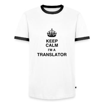 traducteur / traduction / traductrice / traduire - T-shirt contrasté Homme - blanc/noir - Devant - AI Model Female 172 light (172cm) & AI Model Male 178 dark (178cm)