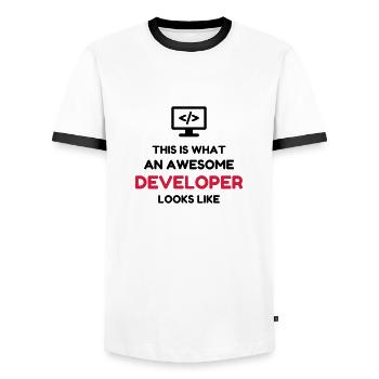 Developer Entwickler Développeur Computer Geek - Men's Ringer Shirt - white/black - Front - AI Model Female 172 light (172cm) & AI Model Male 178 dark (178cm)