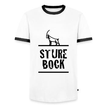 Sture Bock | Schweiz | Schweizerdeutsch | Outdoor - Männer Kontrast-T-Shirt - Weiß/Schwarz - Vorne - AI Model Female 172 light (172cm) & AI Model Male 178 dark (178cm)