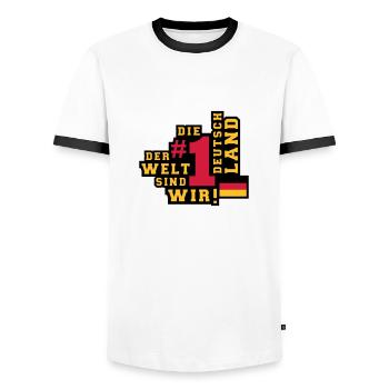 Deutschland (Nummer 1 der Welt) 01 - Männer Kontrast-T-Shirt - Weiß/Schwarz - Vorne - AI Model Female 172 light (172cm) & AI Model Male 178 dark (178cm)
