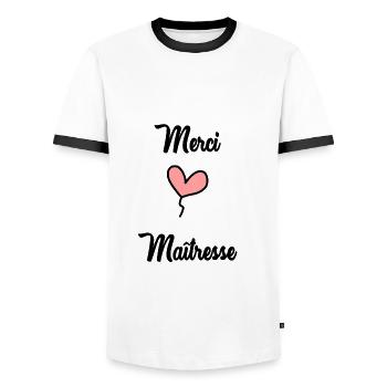 MISTRESS. THANK YOU. THANK YOU MISTRESS - Men's Ringer Shirt - white/black - Front - AI Model Female 172 light (172cm) & AI Model Male 178 dark (178cm)