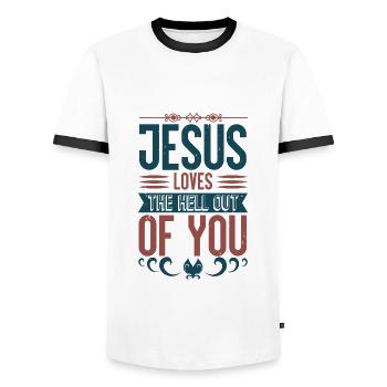 Baptism, Communion and Confirmation Gifts - Men's Ringer Shirt - white/black - Front - AI Model Female 172 light (172cm) & AI Model Male 178 dark (178cm)