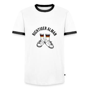 Richtiger Alman - Männer Kontrast-T-Shirt - Weiß/Schwarz - Vorne - AI Model Female 172 light (172cm) & AI Model Male 178 dark (178cm)
