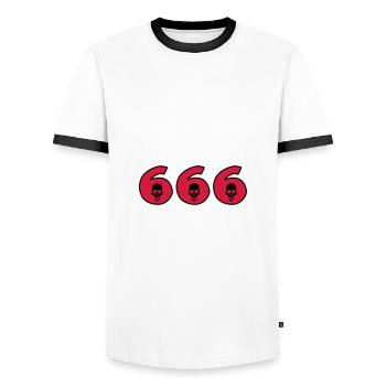 666 - Devil - Skull - Halloween - Men's Ringer Shirt - white/black - Front - AI Model Female 172 light (172cm) & AI Model Male 178 dark (178cm)