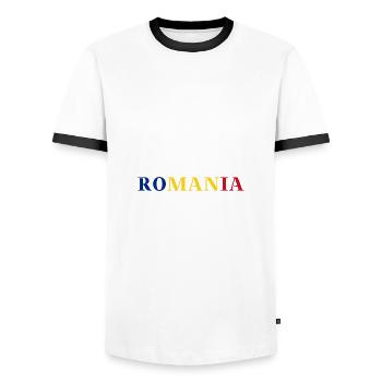 Roumanie Roumanie Idée cadeau Drapeau roumain - T-shirt contrasté Homme - blanc/noir - Devant - AI Model Female 172 light (172cm) & AI Model Male 178 dark (178cm)