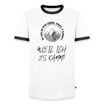 Why do I ride without a battery? Battery empty? Ride on - Men's Ringer Shirt - white/black - Front - AI Model Female 172 light (172cm) & AI Model Male 178 dark (178cm)