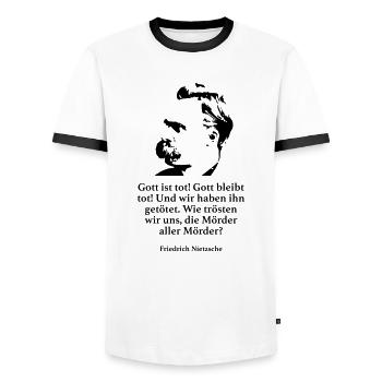 Nietzsche: Gott ist tot! Gott bleibt tot! Und wir - Männer Kontrast-T-Shirt - Weiß/Schwarz - Vorne - AI Model Female 172 light (172cm) & AI Model Male 178 dark (178cm)