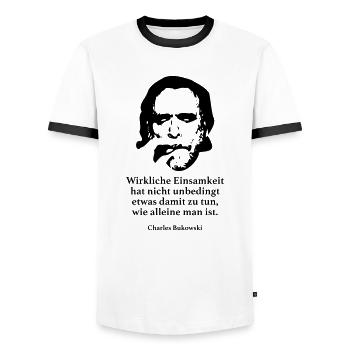 Bukowski: Real solitude is not unconditional - Men's Ringer Shirt - white/black - Front - AI Model Female 172 light (172cm) & AI Model Male 178 dark (178cm)